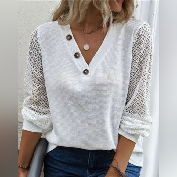 Tops - Decorative Button V-Neck Long Sleeve T-Shirt white